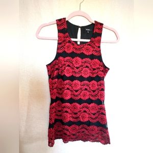 XOXO Black Lacy Tank With Red Roses Keyhole Button Design In Back Women's Medium